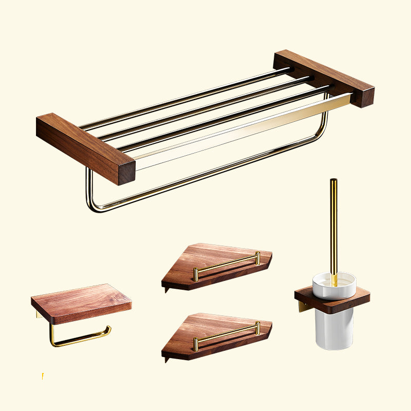 Polished Brass Bathroom Hardware Set Metal & Wood Bathroom Set with Bath Shelf/Towel Bar 5 piece Set Clearhalo 'Bathroom Hardware Sets' 'Bathroom Hardware' 'Bathroom Remodel & Bathroom Fixtures' 'bathroom_hardware_sets' 'Home Improvement' 'home_improvement' 'home_improvement_bathroom_hardware_sets' 6688847