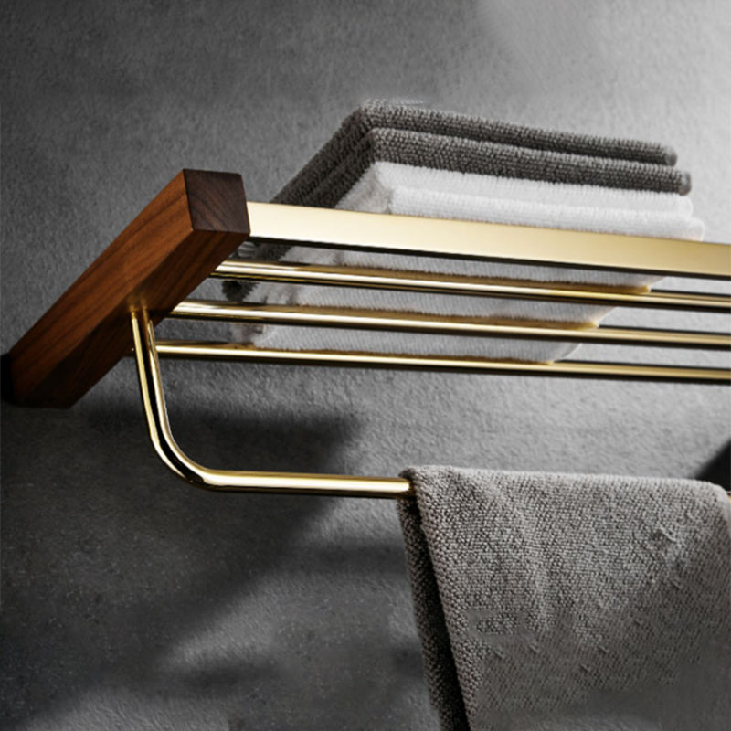 Polished Brass Bathroom Hardware Set Metal & Wood Bathroom Set with Bath Shelf/Towel Bar Clearhalo 'Bathroom Hardware Sets' 'Bathroom Hardware' 'Bathroom Remodel & Bathroom Fixtures' 'bathroom_hardware_sets' 'Home Improvement' 'home_improvement' 'home_improvement_bathroom_hardware_sets' 6688848