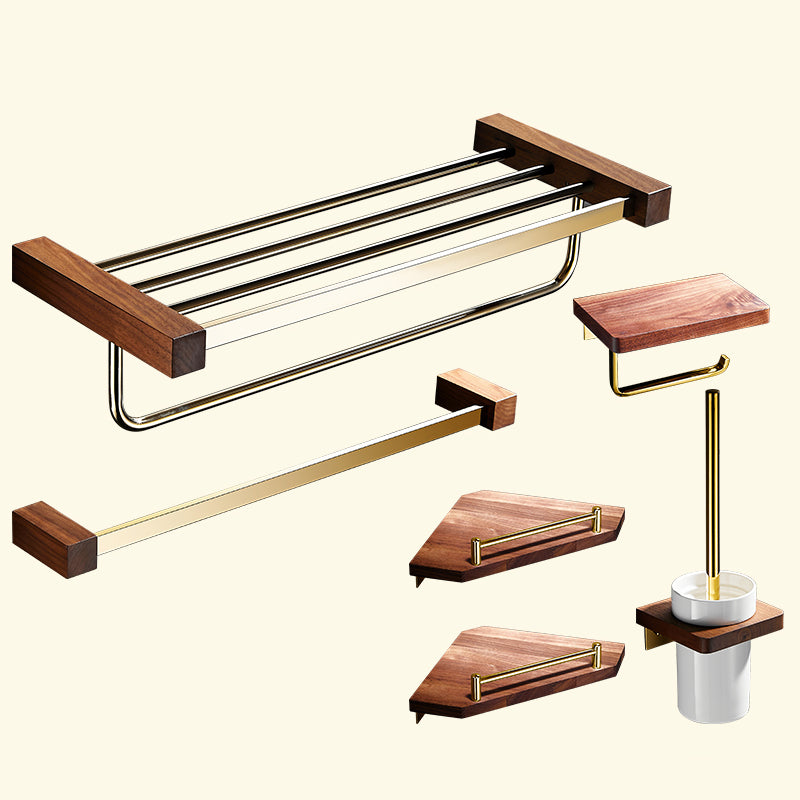 Polished Brass Bathroom Hardware Set Metal & Wood Bathroom Set with Bath Shelf/Towel Bar 6-Piece Set (8"L Toilet Paper Holder) Clearhalo 'Bathroom Hardware Sets' 'Bathroom Hardware' 'Bathroom Remodel & Bathroom Fixtures' 'bathroom_hardware_sets' 'Home Improvement' 'home_improvement' 'home_improvement_bathroom_hardware_sets' 6688852