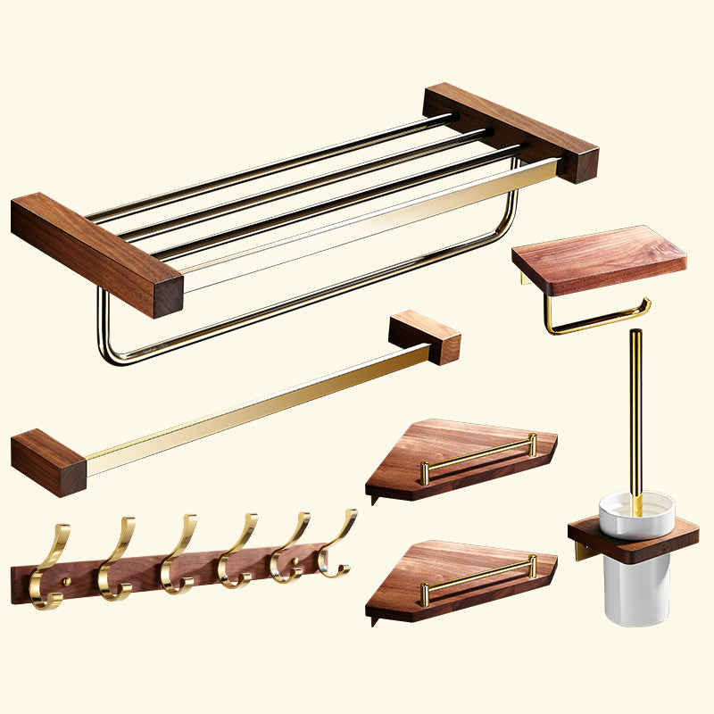 Polished Brass Bathroom Hardware Set Metal & Wood Bathroom Set with Bath Shelf/Towel Bar 7-Piece Set (8"L Toilet Paper Holder) Clearhalo 'Bathroom Hardware Sets' 'Bathroom Hardware' 'Bathroom Remodel & Bathroom Fixtures' 'bathroom_hardware_sets' 'Home Improvement' 'home_improvement' 'home_improvement_bathroom_hardware_sets' 6688854