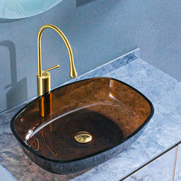 Contemporary Bathroom Sink Glass Oval-Shape Vessel Bathroom Sink with Pop-Up Drain Coffee Sink with Faucet Clearhalo 'Bathroom Remodel & Bathroom Fixtures' 'Bathroom Sinks & Faucet Components' 'Bathroom Sinks' 'bathroom_sink' 'Home Improvement' 'home_improvement' 'home_improvement_bathroom_sink' 6694885