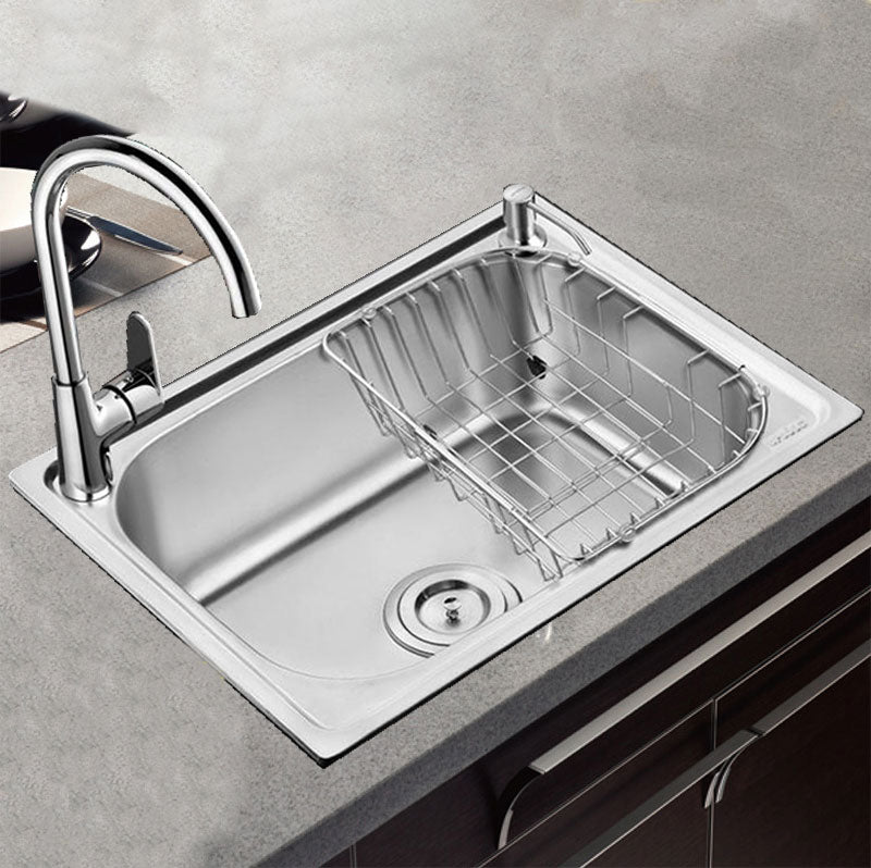 Modern Style Kitchen Sink Stainless Steel Single Bowl Kitchen Sink with Basket Strainer 23.6"L x 15.7"W x 8.3"H Sink with Faucet Single Cooling Tap Clearhalo 'Home Improvement' 'home_improvement' 'home_improvement_kitchen_sinks' 'Kitchen Remodel & Kitchen Fixtures' 'Kitchen Sinks & Faucet Components' 'Kitchen Sinks' 'kitchen_sinks' 6695128