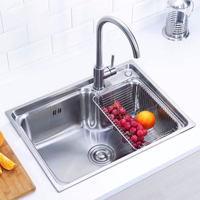 Modern Style Kitchen Sink Stainless Steel Single Bowl Kitchen Sink with Basket Strainer 29.5"L x 17.7"W x 8.3"H Sink with Faucet Cold and Hot Tap Clearhalo 'Home Improvement' 'home_improvement' 'home_improvement_kitchen_sinks' 'Kitchen Remodel & Kitchen Fixtures' 'Kitchen Sinks & Faucet Components' 'Kitchen Sinks' 'kitchen_sinks' 6695133