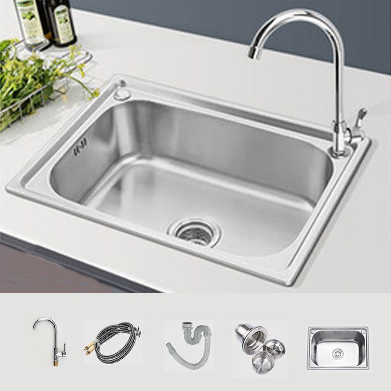 Modern Style Kitchen Sink Stainless Steel Single Bowl Kitchen Sink with Basket Strainer Sink with Faucet Cold and Hot Tap Clearhalo 'Home Improvement' 'home_improvement' 'home_improvement_kitchen_sinks' 'Kitchen Remodel & Kitchen Fixtures' 'Kitchen Sinks & Faucet Components' 'Kitchen Sinks' 'kitchen_sinks' 6695136