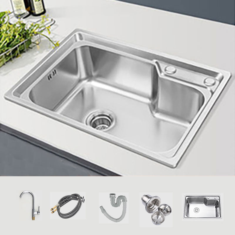 Modern Style Kitchen Sink Stainless Steel Single Bowl Kitchen Sink with Basket Strainer 26"L x 17"W x 8"H Sink with Faucet Cold and Hot Tap Clearhalo 'Home Improvement' 'home_improvement' 'home_improvement_kitchen_sinks' 'Kitchen Remodel & Kitchen Fixtures' 'Kitchen Sinks & Faucet Components' 'Kitchen Sinks' 'kitchen_sinks' 6695138