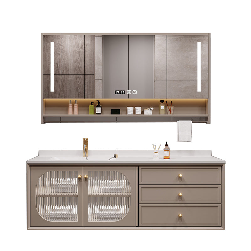 Modern Sink Vanity Solid Color Storage Shelves Wall Mount Bathroom Vanity Set Vanity & Faucet & Smart Medicine Cabinet Khaki Clearhalo 'Bathroom Remodel & Bathroom Fixtures' 'Bathroom Vanities' 'bathroom_vanities' 'Home Improvement' 'home_improvement' 'home_improvement_bathroom_vanities' 6695159