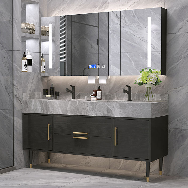 Drawers Bathroom Vanity Double Sink 2 Doors Freestanding Rectangle Vanity with Mirror Clearhalo 'Bathroom Remodel & Bathroom Fixtures' 'Bathroom Vanities' 'bathroom_vanities' 'Home Improvement' 'home_improvement' 'home_improvement_bathroom_vanities' 6695181