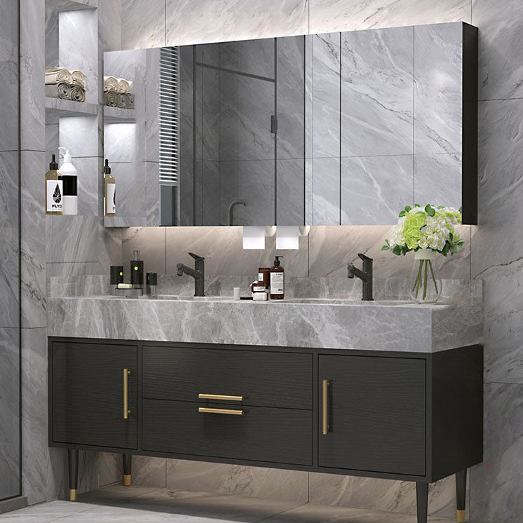 Drawers Bathroom Vanity Double Sink 2 Doors Freestanding Rectangle Vanity with Mirror Vanity & Faucet & Mirror Cabinet Clearhalo 'Bathroom Remodel & Bathroom Fixtures' 'Bathroom Vanities' 'bathroom_vanities' 'Home Improvement' 'home_improvement' 'home_improvement_bathroom_vanities' 6695185