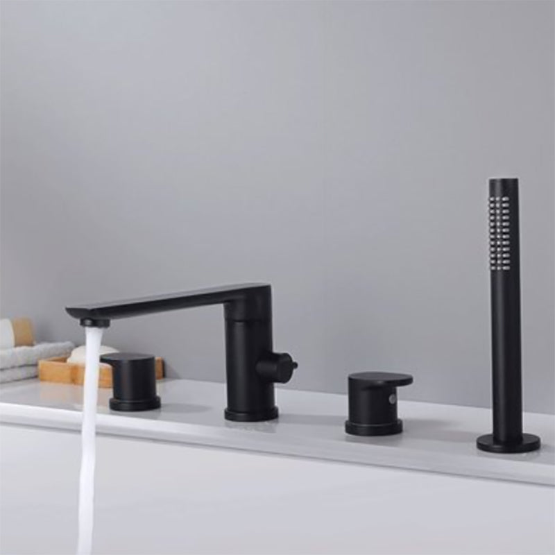 Contemporary Deck Mounted Roman Metal Tub Faucet Low Arc Roman Tub Faucet Set Black Round 4 Hole Faucets Clearhalo 'Bathroom Remodel & Bathroom Fixtures' 'Bathtub Faucets' 'bathtub_faucets' 'Home Improvement' 'home_improvement' 'home_improvement_bathtub_faucets' 6695245