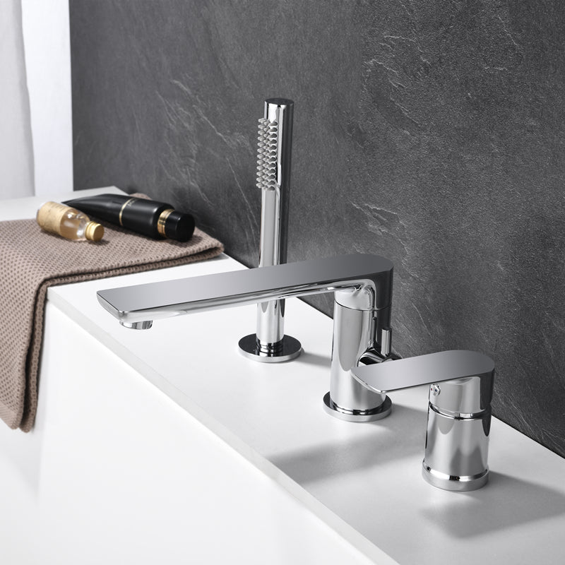 Contemporary Deck Mounted Roman Copper Tub Faucet Low Arc Roman Tub Faucet Set Chrome Round 3 Hole Faucets Clearhalo 'Bathroom Remodel & Bathroom Fixtures' 'Bathtub Faucets' 'bathtub_faucets' 'Home Improvement' 'home_improvement' 'home_improvement_bathtub_faucets' 6695310