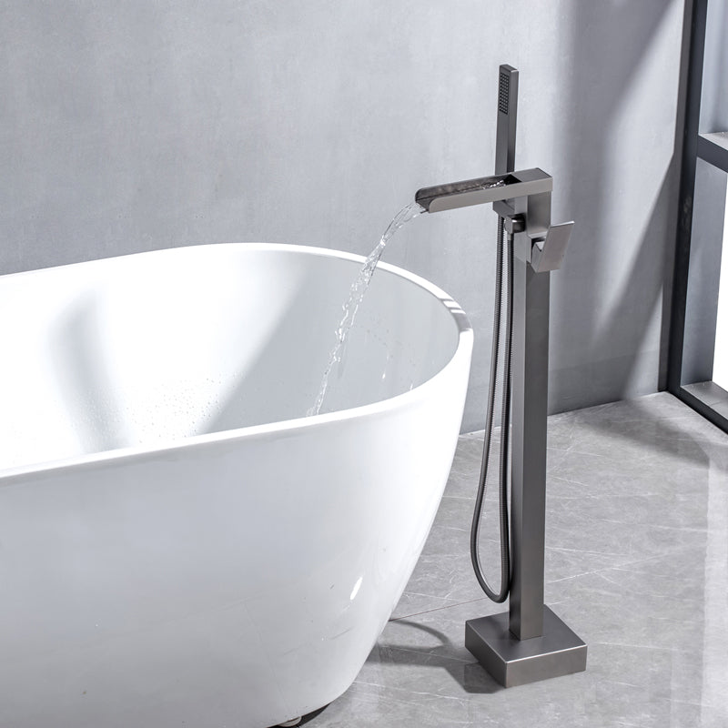 Floor Mounted Metal Freestanding Tub Filler Swivel Freestanding Faucet with Spray Gun Gun Grey Bevel Clearhalo 'Bathroom Remodel & Bathroom Fixtures' 'Bathtub Faucets' 'bathtub_faucets' 'Home Improvement' 'home_improvement' 'home_improvement_bathtub_faucets' 6697452