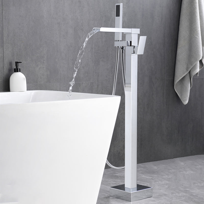 Floor Mounted Metal Freestanding Tub Filler Swivel Freestanding Faucet with Spray Gun Chrome Bevel Clearhalo 'Bathroom Remodel & Bathroom Fixtures' 'Bathtub Faucets' 'bathtub_faucets' 'Home Improvement' 'home_improvement' 'home_improvement_bathtub_faucets' 6697457