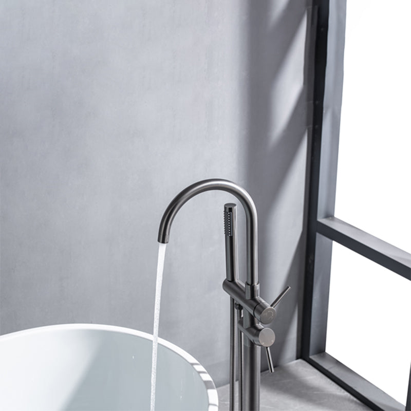 Floor Mounted Metal Freestanding Tub Filler Swivel Freestanding Faucet with Spray Gun Clearhalo 'Bathroom Remodel & Bathroom Fixtures' 'Bathtub Faucets' 'bathtub_faucets' 'Home Improvement' 'home_improvement' 'home_improvement_bathtub_faucets' 6697460