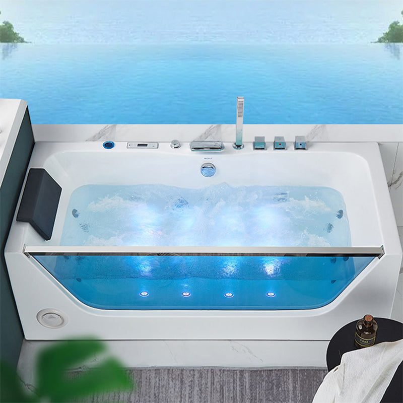 Contemporary Acrylic Back to Wall Bathtub Rectangle Air/Whirlpool/Soaking Bathtub 63"L x 30"W x 22"H Massage & Thermostat & Aerator & Chromatherapy Tub with Silver 5-Piece Set Clearhalo 'Bathroom Remodel & Bathroom Fixtures' 'Bathtubs' 'Home Improvement' 'home_improvement' 'home_improvement_bathtubs' 'Showers & Bathtubs' 6708039