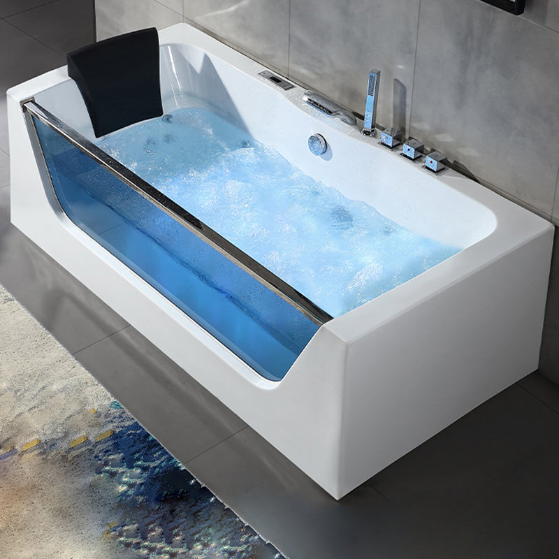 Contemporary Acrylic Back to Wall Bathtub Rectangle Air/Whirlpool/Soaking Bathtub Massage & Thermostat & Smart Board Tub with Silver 5-Piece Set Clearhalo 'Bathroom Remodel & Bathroom Fixtures' 'Bathtubs' 'Home Improvement' 'home_improvement' 'home_improvement_bathtubs' 'Showers & Bathtubs' 6708042