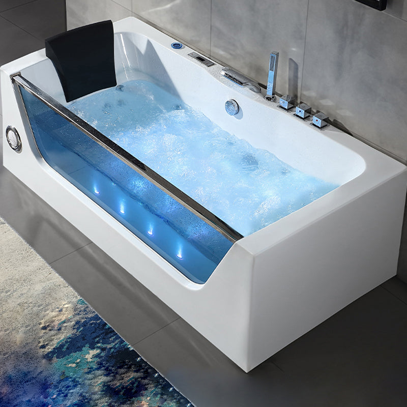 Contemporary Acrylic Back to Wall Bathtub Rectangle Air/Whirlpool/Soaking Bathtub Massage & Thermostat & Aerator & Chromatherapy Tub with Silver 5-Piece Set Clearhalo 'Bathroom Remodel & Bathroom Fixtures' 'Bathtubs' 'Home Improvement' 'home_improvement' 'home_improvement_bathtubs' 'Showers & Bathtubs' 6708044