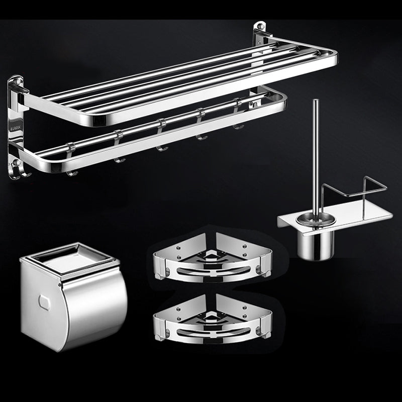 Modern Towel Bar Bathroom Set Bath Shelf Bathroom Accessories Hardware Set Stainless Steel 5-Piece Set (Toilet Brush) Clearhalo 'Bathroom Hardware Sets' 'Bathroom Hardware' 'Bathroom Remodel & Bathroom Fixtures' 'bathroom_hardware_sets' 'Home Improvement' 'home_improvement' 'home_improvement_bathroom_hardware_sets' 6708782