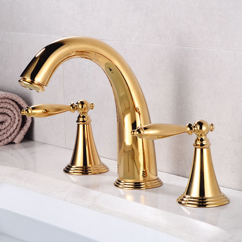 Widespread Bathroom Sink Faucet Double Handle Faucet with 3 Holes Gold Umbrella Pipe Lever Handles Clearhalo 'Bathroom Remodel & Bathroom Fixtures' 'Bathroom Sink Faucets' 'Bathroom Sinks & Faucet Components' 'bathroom_sink_faucets' 'Home Improvement' 'home_improvement' 'home_improvement_bathroom_sink_faucets' 6713389