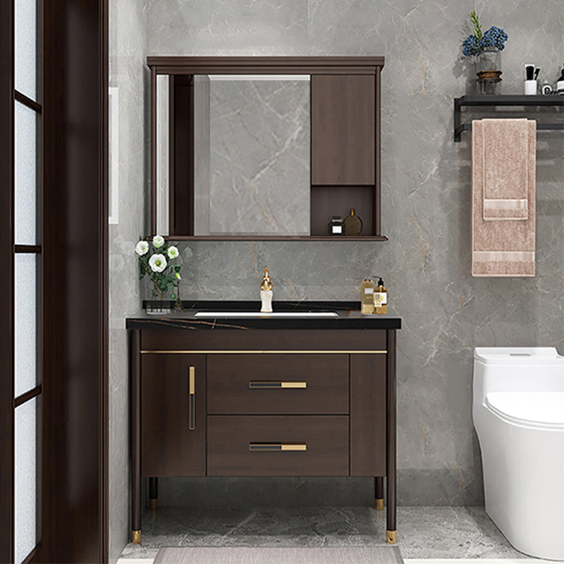 Wood Frame Bathroom Vanity Drawers Single Sink Rectangle Freestanding Vanity with Mirror Vanity & Faucet & Mirror Cabinet 31.5"L x 21.7"W x 32.7"H Black Clearhalo 'Bathroom Remodel & Bathroom Fixtures' 'Bathroom Vanities' 'bathroom_vanities' 'Home Improvement' 'home_improvement' 'home_improvement_bathroom_vanities' 6713877