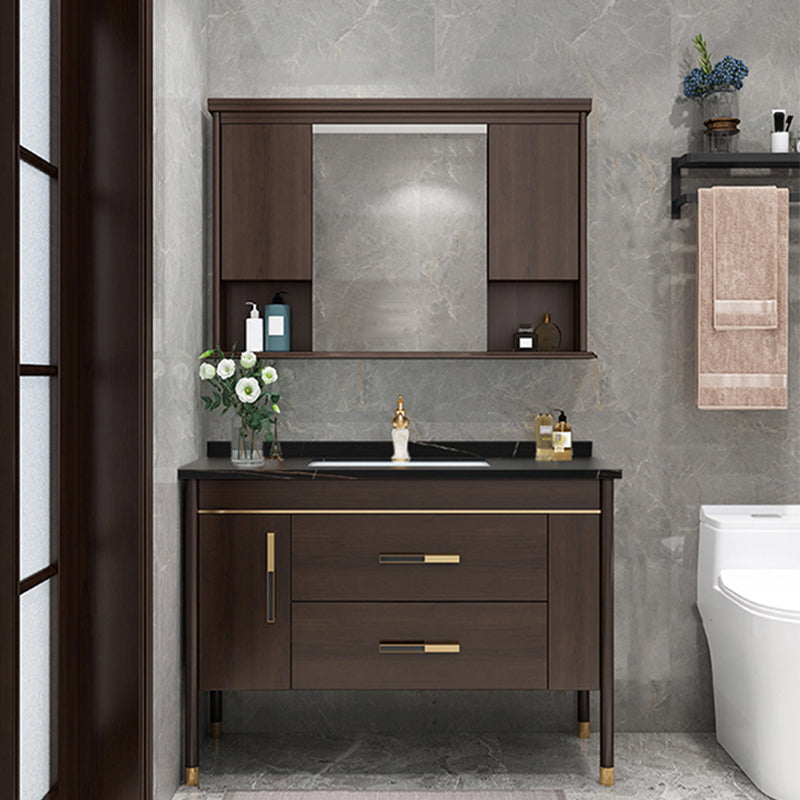 Wood Frame Bathroom Vanity Drawers Single Sink Rectangle Freestanding Vanity with Mirror Vanity & Faucet & Mirror Cabinet 39.4"L x 21.7"W x 32.7"H Black Clearhalo 'Bathroom Remodel & Bathroom Fixtures' 'Bathroom Vanities' 'bathroom_vanities' 'Home Improvement' 'home_improvement' 'home_improvement_bathroom_vanities' 6713880