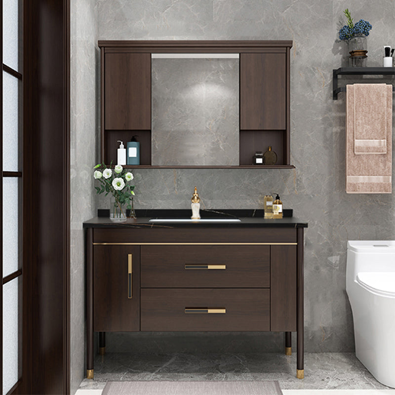 Wood Frame Bathroom Vanity Drawers Single Sink Rectangle Freestanding Vanity with Mirror Vanity & Faucet & Mirror Cabinet 43.3"L x 21.7"W x 32.7"H Black Clearhalo 'Bathroom Remodel & Bathroom Fixtures' 'Bathroom Vanities' 'bathroom_vanities' 'Home Improvement' 'home_improvement' 'home_improvement_bathroom_vanities' 6713882