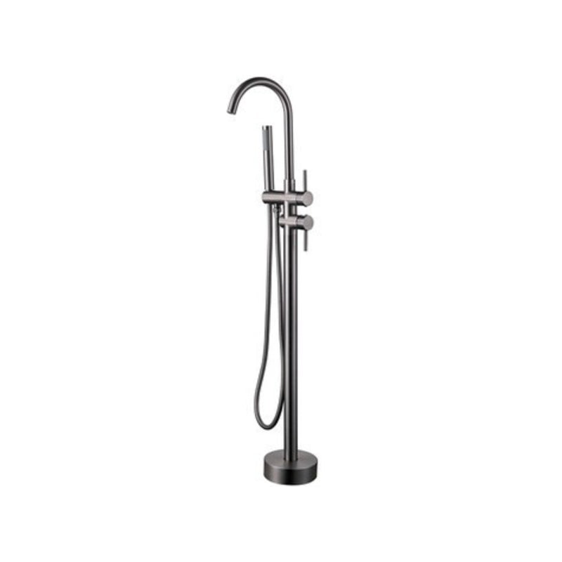 Floor Mounted Metal Freestanding Tub Filler 1 Handle Freestanding Bathtub Faucet Gun Grey Curved Hand Shower Included Clearhalo 'Bathroom Remodel & Bathroom Fixtures' 'Bathtub Faucets' 'bathtub_faucets' 'Home Improvement' 'home_improvement' 'home_improvement_bathtub_faucets' 6714525