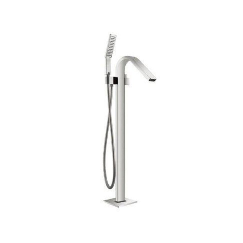 Floor Mounted Metal Freestanding Tub Filler 1 Handle Freestanding Bathtub Faucet Silver Hook Shape Hand Shower Included Clearhalo 'Bathroom Remodel & Bathroom Fixtures' 'Bathtub Faucets' 'bathtub_faucets' 'Home Improvement' 'home_improvement' 'home_improvement_bathtub_faucets' 6714532