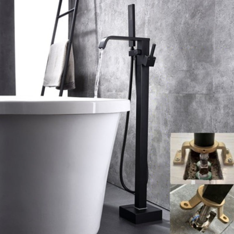 Floor Mounted Metal Freestanding Tub Filler 1 Handle Freestanding Bathtub Faucet Black Flat Tupe Hand Shower Included Clearhalo 'Bathroom Remodel & Bathroom Fixtures' 'Bathtub Faucets' 'bathtub_faucets' 'Home Improvement' 'home_improvement' 'home_improvement_bathtub_faucets' 6714535