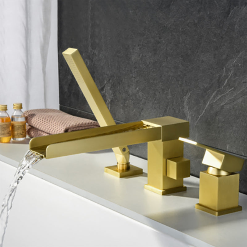 Modern Deck Mounted Copper Roman Tub Faucet Low Arc Tub Faucet Set Gold Flat 3 Hole Faucets Clearhalo 'Bathroom Remodel & Bathroom Fixtures' 'Bathtub Faucets' 'bathtub_faucets' 'Home Improvement' 'home_improvement' 'home_improvement_bathtub_faucets' 6714611