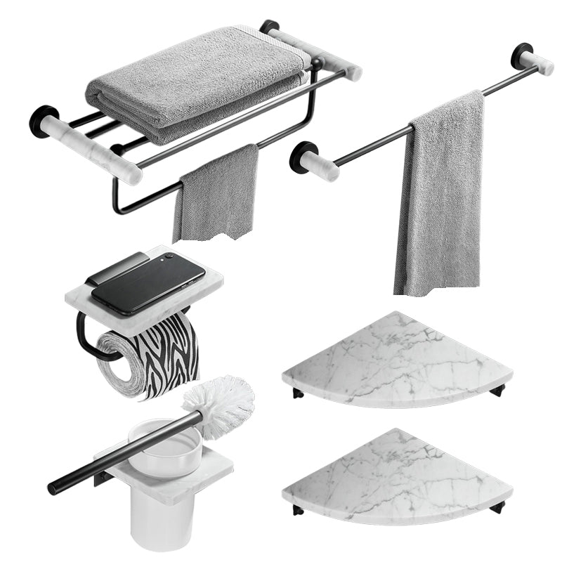 Metal & Marble Bathroom Hardware Set as Individual or as a Set in Black 6-Piece Set (Single Rod) Clearhalo 'Bathroom Hardware Sets' 'Bathroom Hardware' 'Bathroom Remodel & Bathroom Fixtures' 'bathroom_hardware_sets' 'Home Improvement' 'home_improvement' 'home_improvement_bathroom_hardware_sets' 6718001