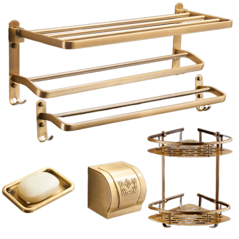 Vintage Bronze Bathroom Accessory Set Brushed Brass Towel Bar/Paper Holder/Bath Shelf 5-Piece Set(Double Deck Shelves) Clearhalo 'Bathroom Hardware Sets' 'Bathroom Hardware' 'Bathroom Remodel & Bathroom Fixtures' 'bathroom_hardware_sets' 'Home Improvement' 'home_improvement' 'home_improvement_bathroom_hardware_sets' 6718113