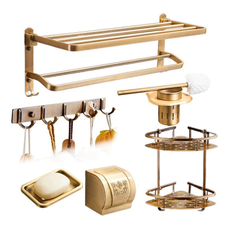 Vintage Bronze Bathroom Accessory Set Brushed Brass Towel Bar/Paper Holder/Bath Shelf 6-Piece Set (Row Hook) Clearhalo 'Bathroom Hardware Sets' 'Bathroom Hardware' 'Bathroom Remodel & Bathroom Fixtures' 'bathroom_hardware_sets' 'Home Improvement' 'home_improvement' 'home_improvement_bathroom_hardware_sets' 6718130