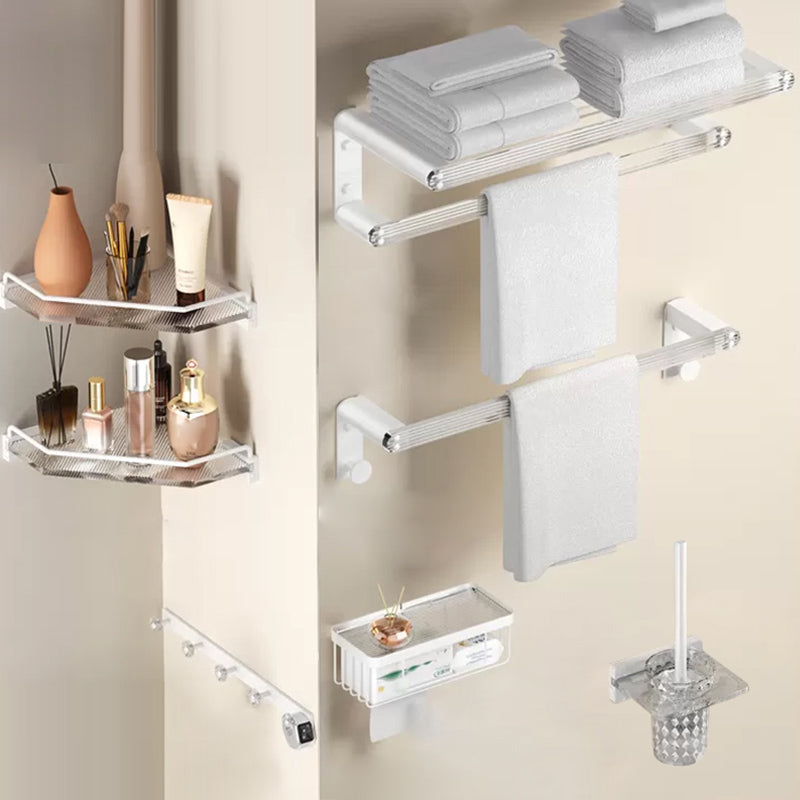 White Bathroom Accessory Set Metal & Acrylic Bathroom Set with Bath Shelf/Robe Hooks 7-Piece Set Clearhalo 'Bathroom Hardware Sets' 'Bathroom Hardware' 'Bathroom Remodel & Bathroom Fixtures' 'bathroom_hardware_sets' 'Home Improvement' 'home_improvement' 'home_improvement_bathroom_hardware_sets' 6718171