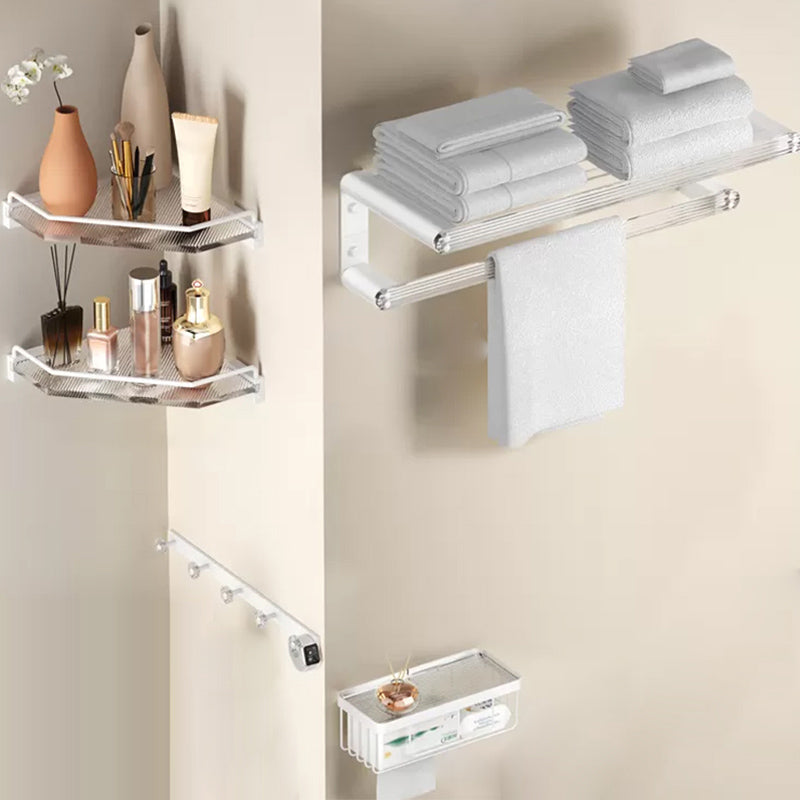 White Bathroom Accessory Set Metal & Acrylic Bathroom Set with Bath Shelf/Robe Hooks 5-Piece Set (Row Hook) Clearhalo 'Bathroom Hardware Sets' 'Bathroom Hardware' 'Bathroom Remodel & Bathroom Fixtures' 'bathroom_hardware_sets' 'Home Improvement' 'home_improvement' 'home_improvement_bathroom_hardware_sets' 6718172