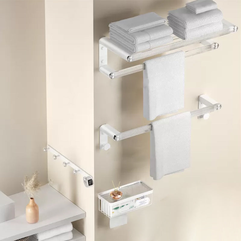 White Bathroom Accessory Set Metal & Acrylic Bathroom Set with Bath Shelf/Robe Hooks 4-Piece Set Clearhalo 'Bathroom Hardware Sets' 'Bathroom Hardware' 'Bathroom Remodel & Bathroom Fixtures' 'bathroom_hardware_sets' 'Home Improvement' 'home_improvement' 'home_improvement_bathroom_hardware_sets' 6718174