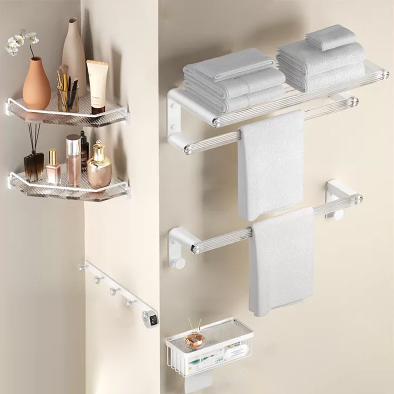 White Bathroom Accessory Set Metal & Acrylic Bathroom Set with Bath Shelf/Robe Hooks 6-Piece Set Clearhalo 'Bathroom Hardware Sets' 'Bathroom Hardware' 'Bathroom Remodel & Bathroom Fixtures' 'bathroom_hardware_sets' 'Home Improvement' 'home_improvement' 'home_improvement_bathroom_hardware_sets' 6718175