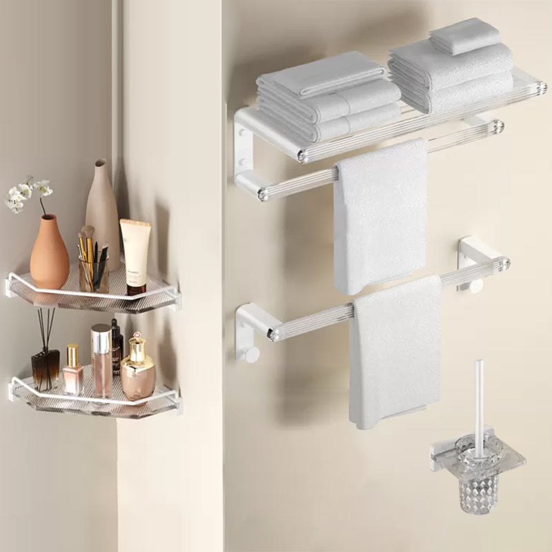 White Bathroom Accessory Set Metal & Acrylic Bathroom Set with Bath Shelf/Robe Hooks 5-Piece Set (Towel Bar) Clearhalo 'Bathroom Hardware Sets' 'Bathroom Hardware' 'Bathroom Remodel & Bathroom Fixtures' 'bathroom_hardware_sets' 'Home Improvement' 'home_improvement' 'home_improvement_bathroom_hardware_sets' 6718176