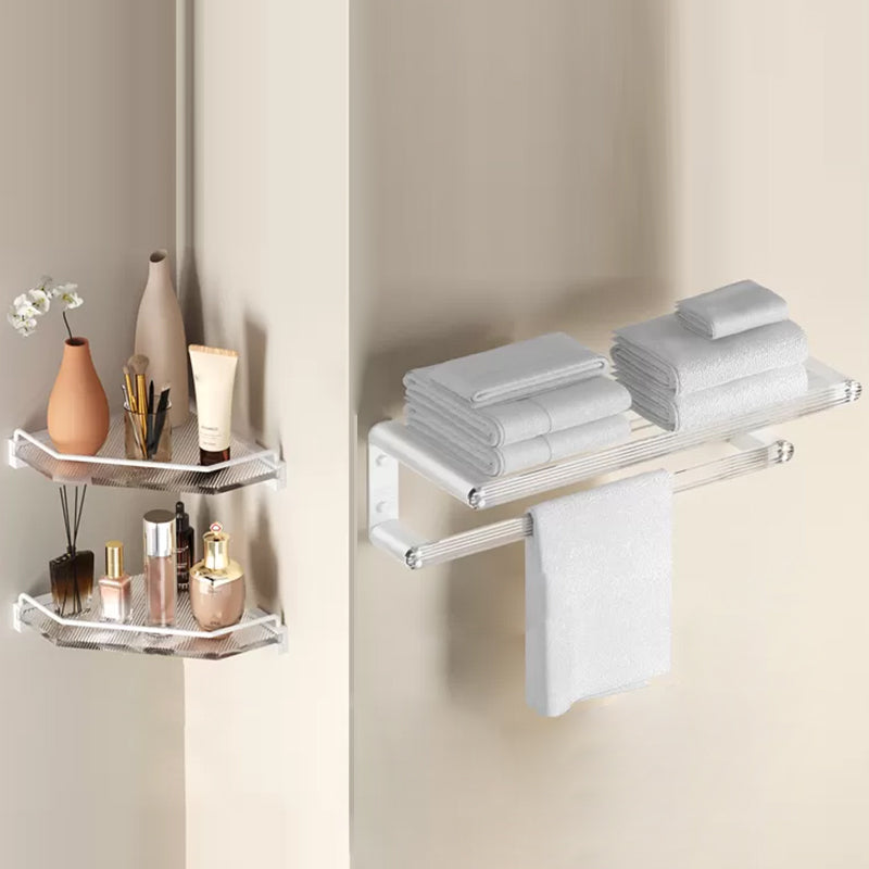 White Bathroom Accessory Set Metal & Acrylic Bathroom Set with Bath Shelf/Robe Hooks Towel Rack with Triangle Bath Shelf Clearhalo 'Bathroom Hardware Sets' 'Bathroom Hardware' 'Bathroom Remodel & Bathroom Fixtures' 'bathroom_hardware_sets' 'Home Improvement' 'home_improvement' 'home_improvement_bathroom_hardware_sets' 6718177