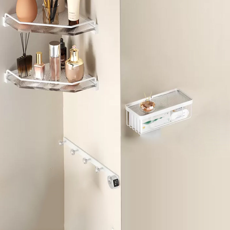 White Bathroom Accessory Set Metal & Acrylic Bathroom Set with Bath Shelf/Robe Hooks 4-Piece Set (Row Hook) Clearhalo 'Bathroom Hardware Sets' 'Bathroom Hardware' 'Bathroom Remodel & Bathroom Fixtures' 'bathroom_hardware_sets' 'Home Improvement' 'home_improvement' 'home_improvement_bathroom_hardware_sets' 6718178