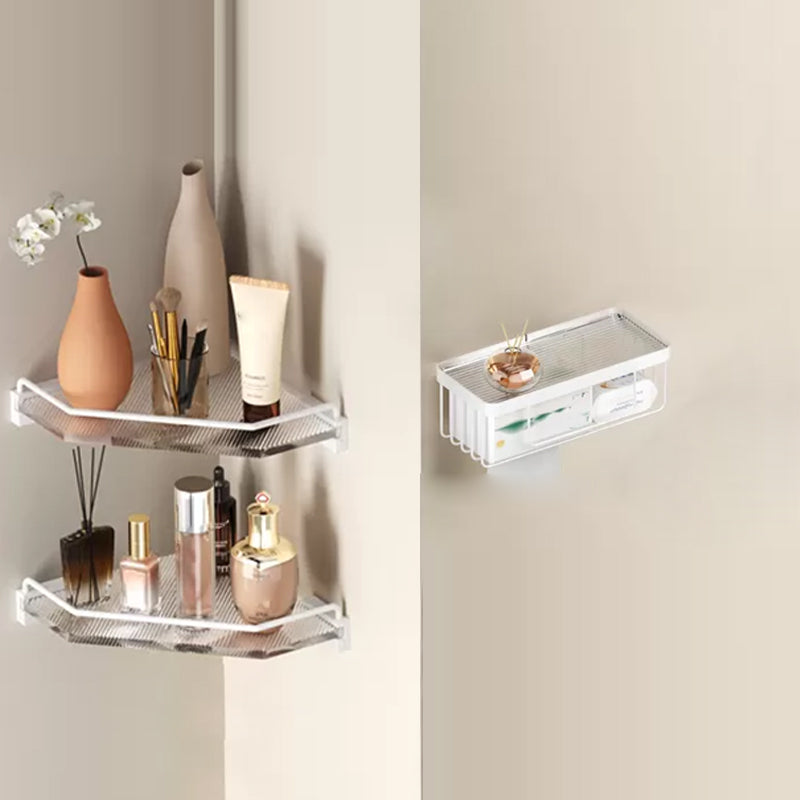 White Bathroom Accessory Set Metal & Acrylic Bathroom Set with Bath Shelf/Robe Hooks Triangular Bathroom Shelf with Toilet Paper Shelf Clearhalo 'Bathroom Hardware Sets' 'Bathroom Hardware' 'Bathroom Remodel & Bathroom Fixtures' 'bathroom_hardware_sets' 'Home Improvement' 'home_improvement' 'home_improvement_bathroom_hardware_sets' 6718179