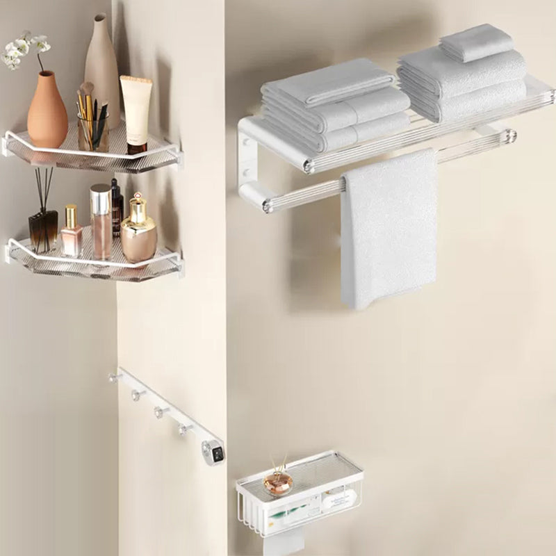 White Metal & Acrylic Bathroom Accessory as Individual or as a Set with Bath Shelf 5-Piece Set (Row Hook) Clearhalo 'Bathroom Hardware Sets' 'Bathroom Hardware' 'Bathroom Remodel & Bathroom Fixtures' 'bathroom_hardware_sets' 'Home Improvement' 'home_improvement' 'home_improvement_bathroom_hardware_sets' 6718214