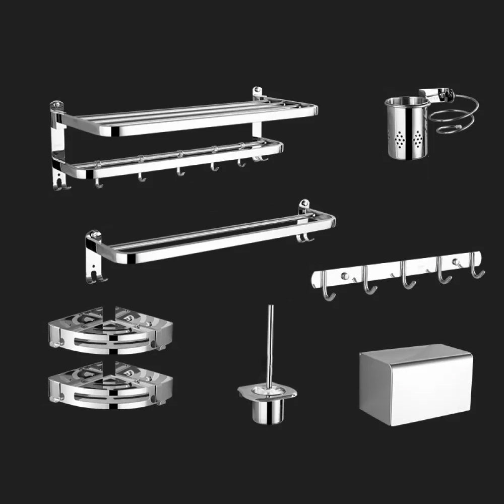 Modern Stainless Steel Bathroom Hardware Towel Bar Bathroom Set 8-Piece Set (Double Rods) Clearhalo 'Bathroom Hardware Sets' 'Bathroom Hardware' 'Bathroom Remodel & Bathroom Fixtures' 'bathroom_hardware_sets' 'Home Improvement' 'home_improvement' 'home_improvement_bathroom_hardware_sets' 6718394