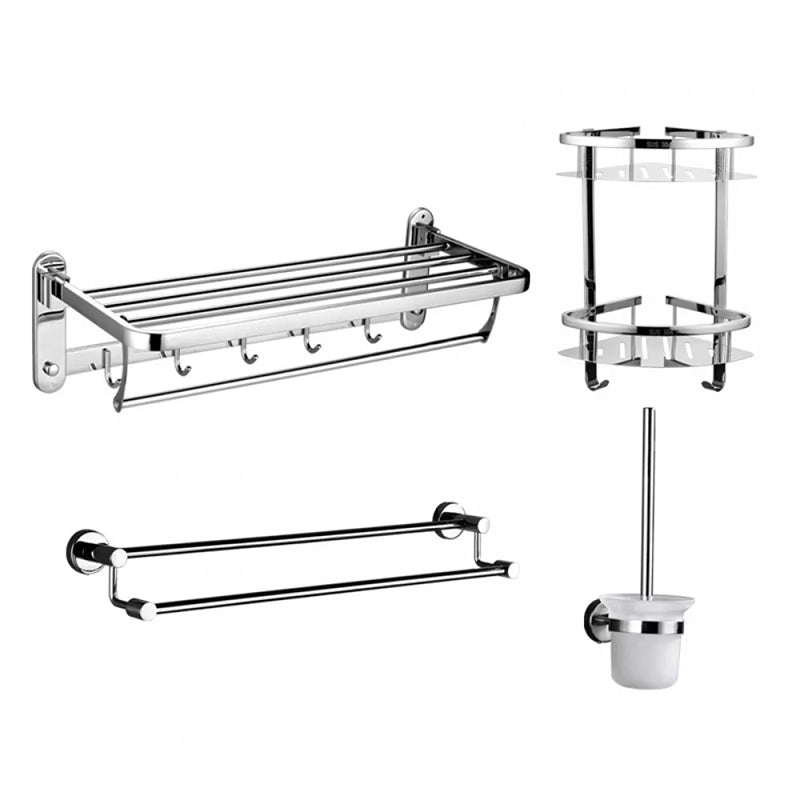 Modern Stainless Steel Bathroom Hardware Towel Bar Bathroom Set 4-Piece Set (Double Deck Shelves) Clearhalo 'Bathroom Hardware Sets' 'Bathroom Hardware' 'Bathroom Remodel & Bathroom Fixtures' 'bathroom_hardware_sets' 'Home Improvement' 'home_improvement' 'home_improvement_bathroom_hardware_sets' 6718395