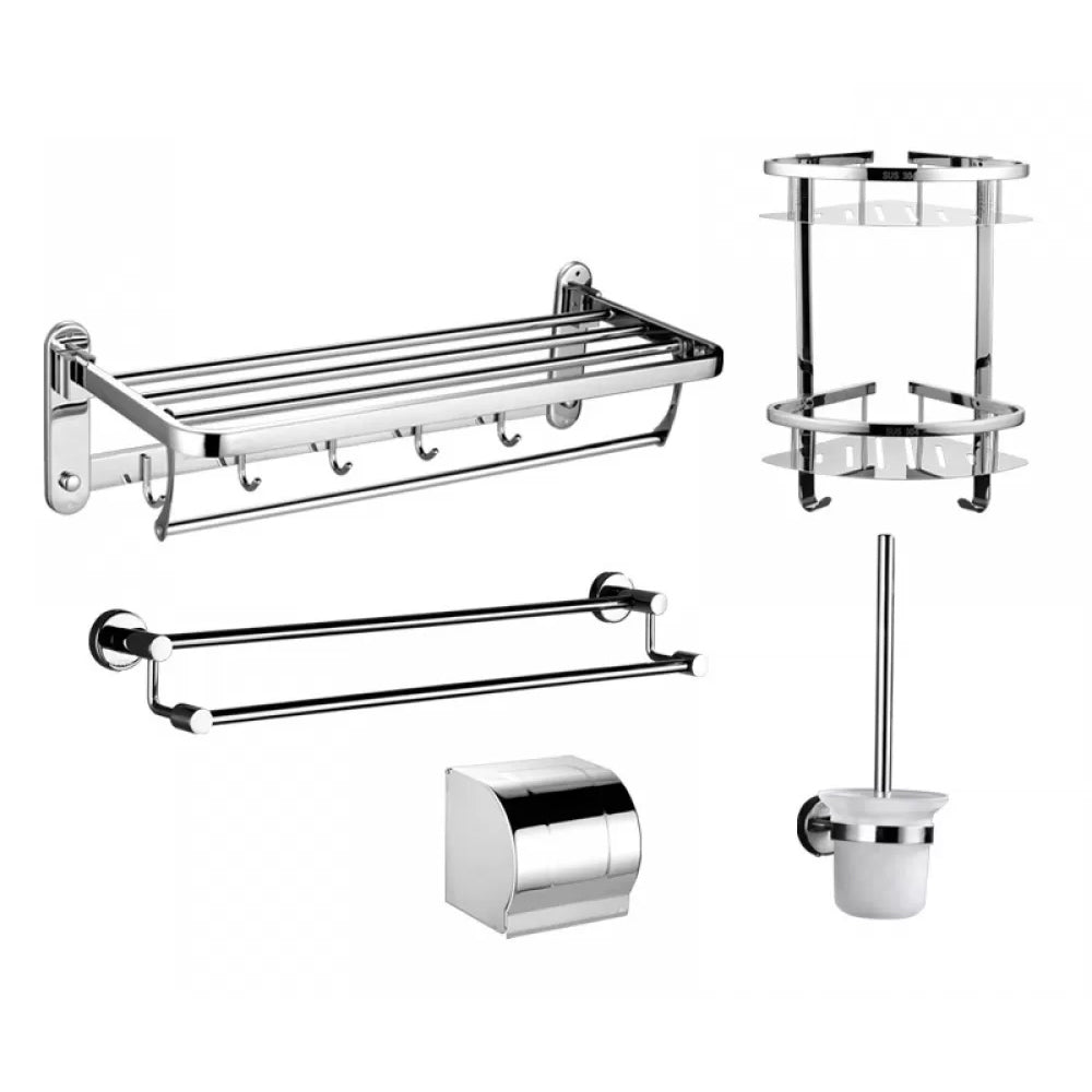 Modern Stainless Steel Bathroom Hardware Towel Bar Bathroom Set 5-Piece Set(Double Deck Shelves) Clearhalo 'Bathroom Hardware Sets' 'Bathroom Hardware' 'Bathroom Remodel & Bathroom Fixtures' 'bathroom_hardware_sets' 'Home Improvement' 'home_improvement' 'home_improvement_bathroom_hardware_sets' 6718396