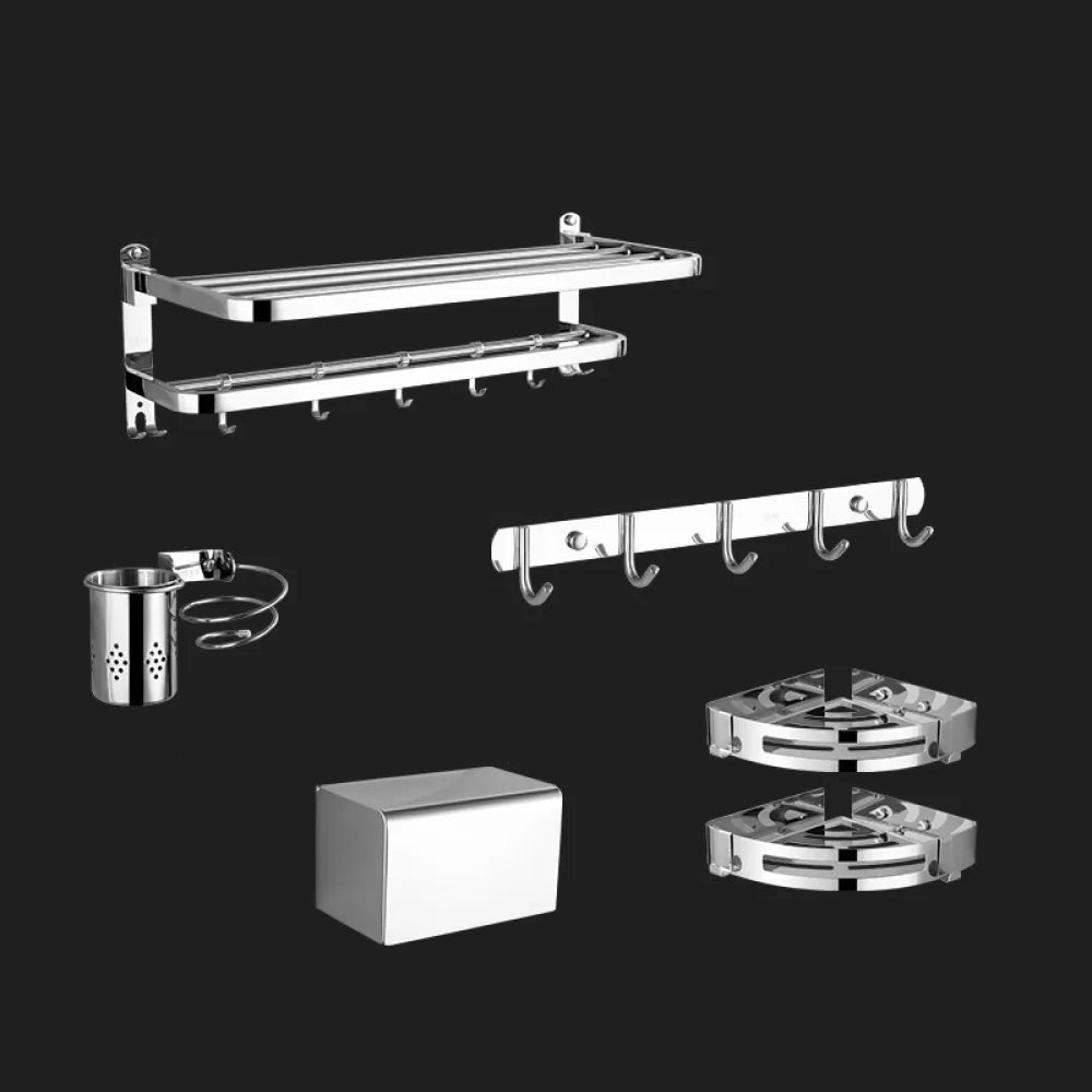 Modern Stainless Steel Bathroom Hardware Towel Bar Bathroom Set 6-Piece Set (Hair Dryer Holder) Clearhalo 'Bathroom Hardware Sets' 'Bathroom Hardware' 'Bathroom Remodel & Bathroom Fixtures' 'bathroom_hardware_sets' 'Home Improvement' 'home_improvement' 'home_improvement_bathroom_hardware_sets' 6718411