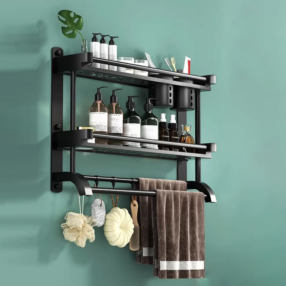 Modern Black Bathroom Accessory Stainless Steel Hardware Set Bath Shelf 28"L x 6"W x 16"H 1 Piece Double Cups Bath Shelf Clearhalo 'Bathroom Hardware Sets' 'Bathroom Hardware' 'Bathroom Remodel & Bathroom Fixtures' 'bathroom_hardware_sets' 'Home Improvement' 'home_improvement' 'home_improvement_bathroom_hardware_sets' 6718576