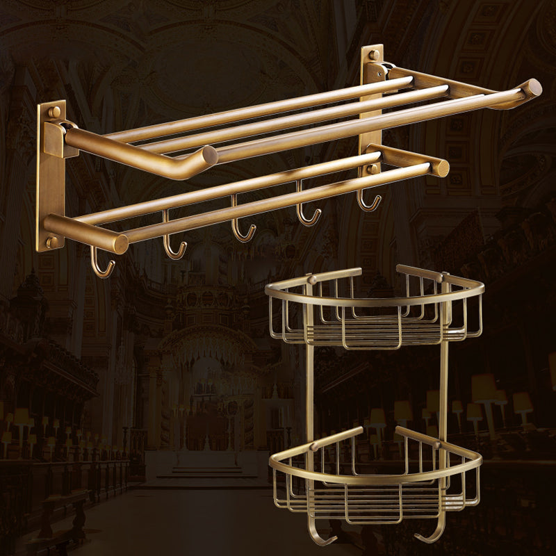 Traditional Brass Bathroom Accessory Set Brushed Bronze Bathroom Set Foldable Towel Rack + Double Triangular Bathroom Shelf Clearhalo 'Bathroom Hardware Sets' 'Bathroom Hardware' 'Bathroom Remodel & Bathroom Fixtures' 'bathroom_hardware_sets' 'Home Improvement' 'home_improvement' 'home_improvement_bathroom_hardware_sets' 6719580