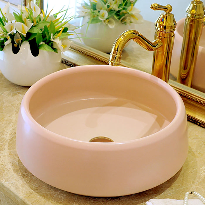 Traditional Bathroom Sink Porcelain Round Vessel Sink with Pop-Up Drain 16"L x 16"W x 6"H Pink Sink with Faucet Clearhalo 'Bathroom Remodel & Bathroom Fixtures' 'Bathroom Sinks & Faucet Components' 'Bathroom Sinks' 'bathroom_sink' 'Home Improvement' 'home_improvement' 'home_improvement_bathroom_sink' 6727515