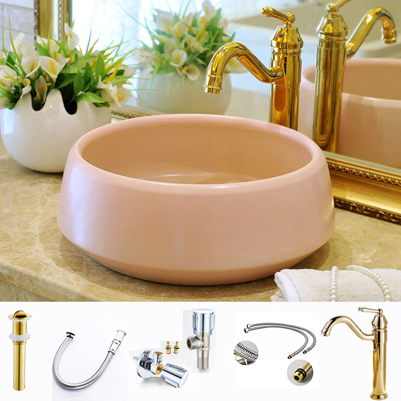 Traditional Bathroom Sink Porcelain Round Vessel Sink with Pop-Up Drain 14"L x 14"W x 6"H Pink Sink with Faucet Clearhalo 'Bathroom Remodel & Bathroom Fixtures' 'Bathroom Sinks & Faucet Components' 'Bathroom Sinks' 'bathroom_sink' 'Home Improvement' 'home_improvement' 'home_improvement_bathroom_sink' 6727516