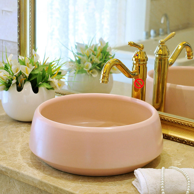 Traditional Bathroom Sink Porcelain Round Vessel Sink with Pop-Up Drain Pink Sink Clearhalo 'Bathroom Remodel & Bathroom Fixtures' 'Bathroom Sinks & Faucet Components' 'Bathroom Sinks' 'bathroom_sink' 'Home Improvement' 'home_improvement' 'home_improvement_bathroom_sink' 6727519